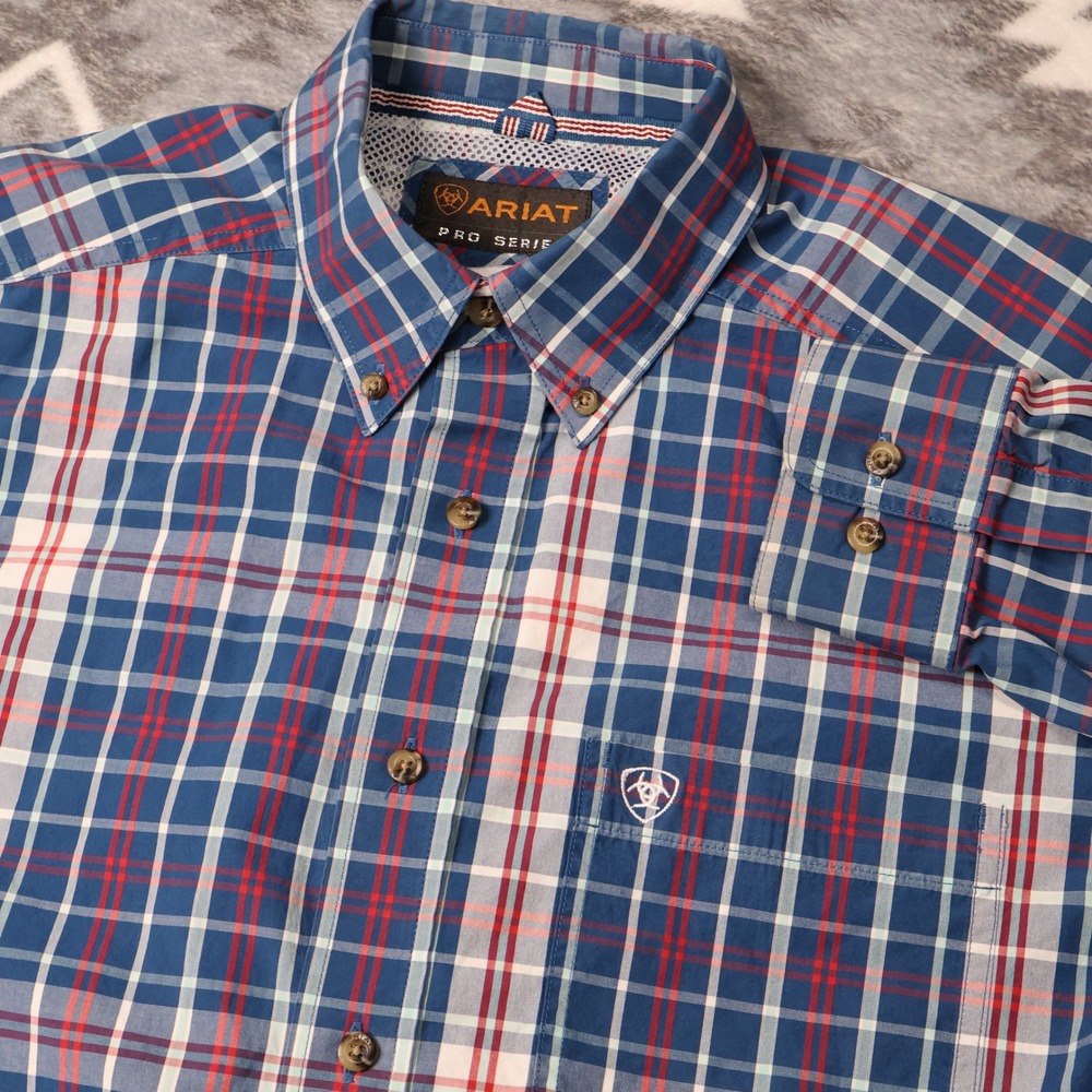 Ariat Pro Series Mens Blue Red Plaid Western Button Down Shirt Large